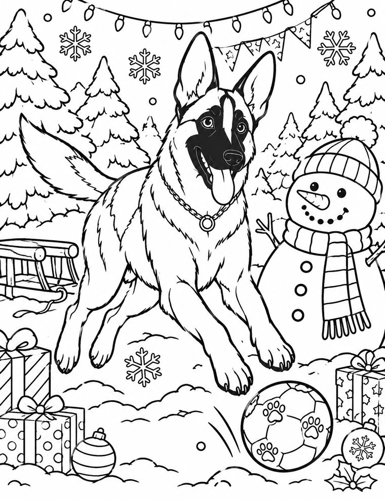 Colouring page: Kaiser chases a football in the snow beside a snowman
